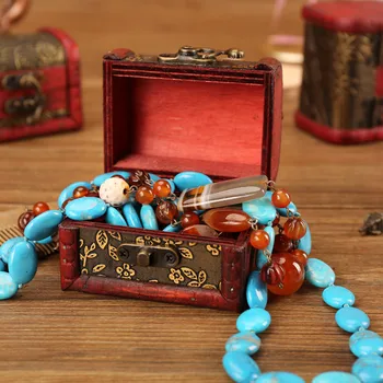 קופסת תכשיטים וינטג ' עץ עבודת יד, קופסה עם מיני מתכת נעילה לאחסון תכשיטים האוצר פרל Storagecase עם בנות Decoración